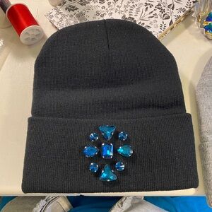 Stunning Dark Gray beanie with Dark Teal Iridescent Rhinestones.